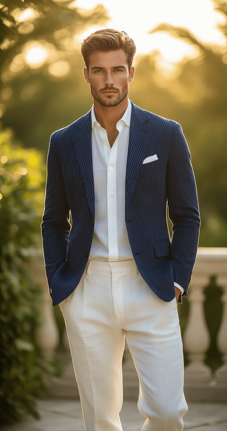 Why a Seersucker Summer Suit is My Go-To for Beating the Heat Photorealistic portrait of a male model in a tailored navy seersucker blazer and white linen trousers, standing on a sunlit terrace with soft natural lighting and a blurred background of lush greenery.