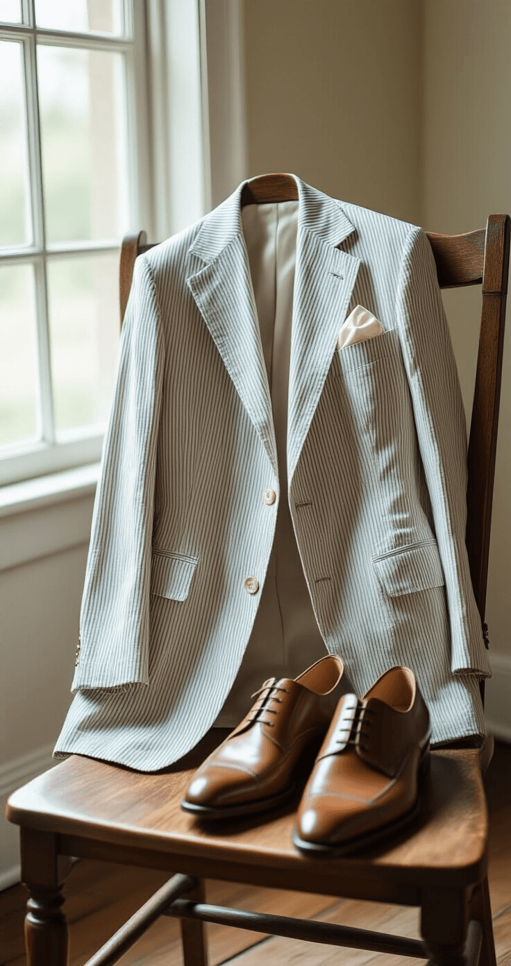 Why a Seersucker Summer Suit is My Go-To for Beating the Heat Close-up of a seersucker blazer draped over a vintage wooden chair, highlighting its striped pattern and textured surface, complemented by a silk pocket square and leather dress shoes in soft ambient light.
