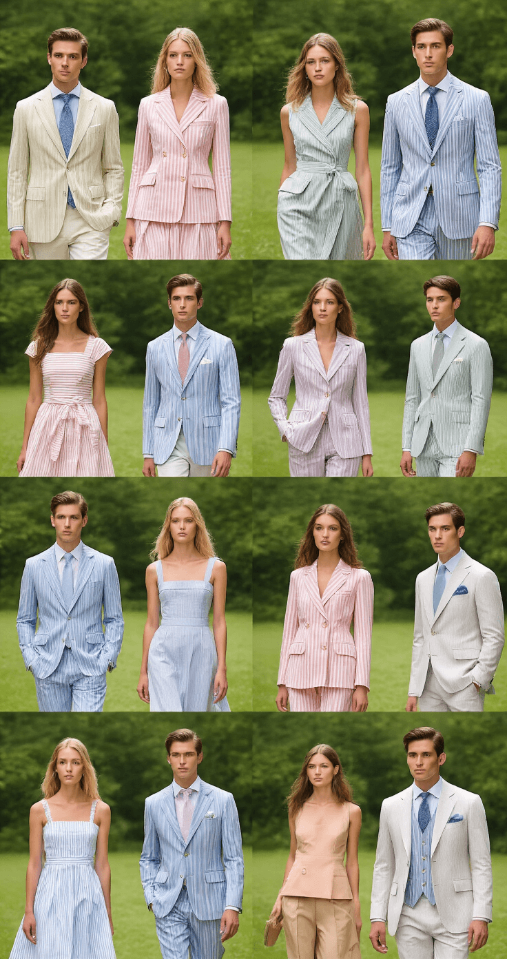 Why a Seersucker Summer Suit is My Go-To for Beating the Heat A stylish summer garden party scene with models wearing seersucker blazers, dresses, and suits in pastel and striped patterns, set against a lush green landscape. The composition highlights the versatility of seersucker fabric in elegant, breathable summer fashion for various silhouettes and genders.