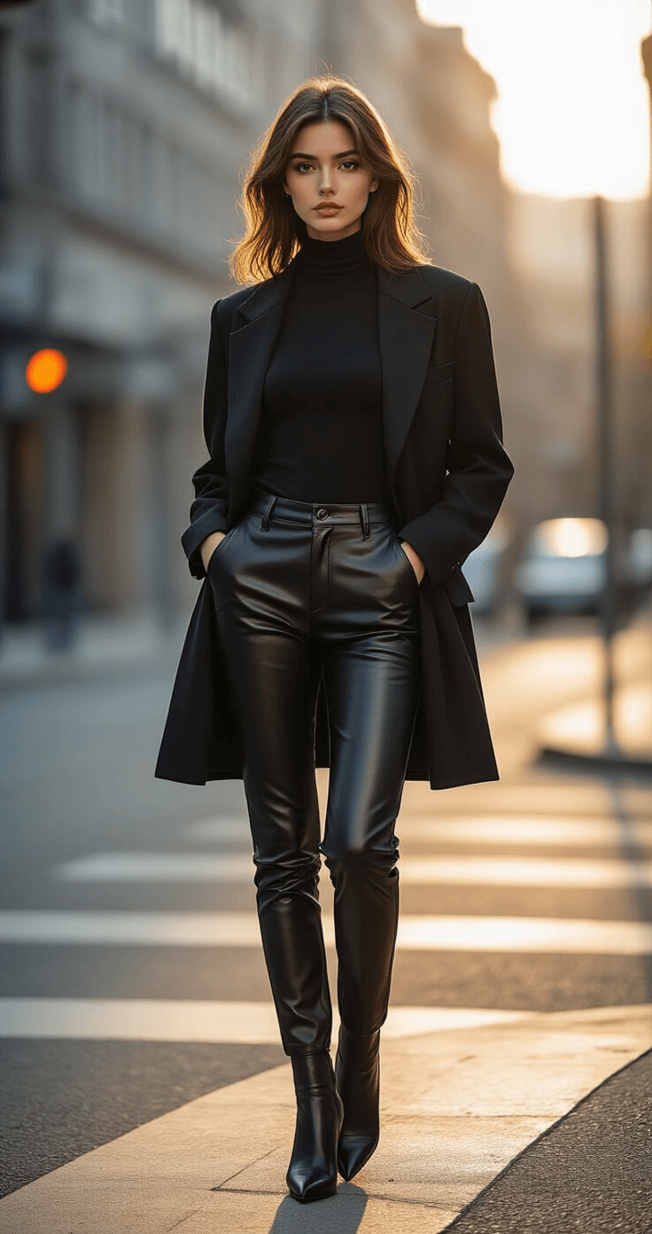 How to Style Monochrome All-Black Outfits That Actually Look Intentional (Not Like You Forgot to Do Laundry) A young woman in an all-black outfit, featuring fitted leather pants, a silk turtleneck, and an oversized wool blazer, stands at a minimalist street corner during golden hour, with soft side lighting highlighting texture variations and sophisticated monochromatic styling.