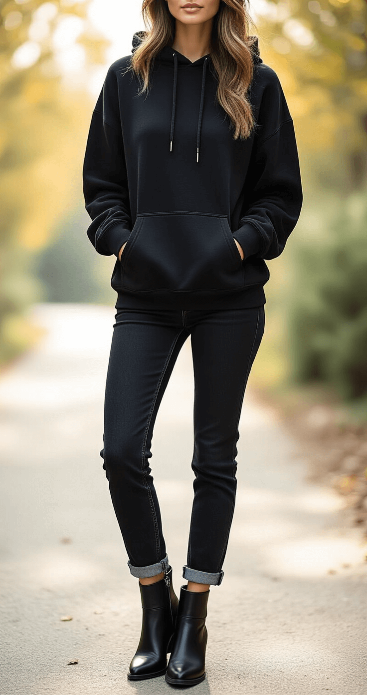 How to Style Monochrome All-Black Outfits That Actually Look Intentional (Not Like You Forgot to Do Laundry) A woman in black straight-leg jeans, oversized black hoodie, and black ankle boots stands in a natural outdoor setting, bathed in soft diffused sunlight, showcasing a relaxed yet intentional weekend fashion aesthetic with a focus on layering and fabric interactions.