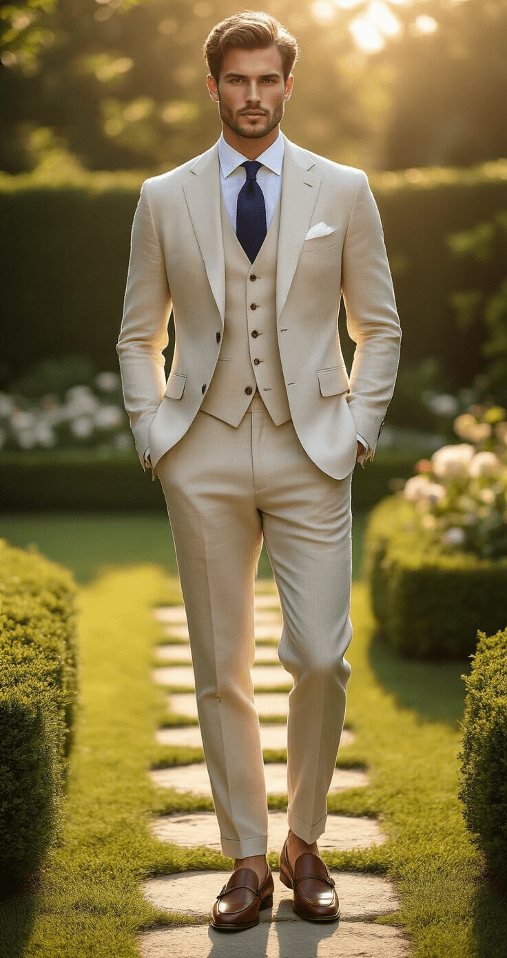 How to Style a Light Beige Suit for a Garden Party Without Looking Washed Out A tall male model in a light beige linen suit stands confidently at a sunlit garden party, showcasing a crisp white shirt, navy tie, and brown loafers, surrounded by flowering hedges and stone pathways in a warm golden hour backdrop.