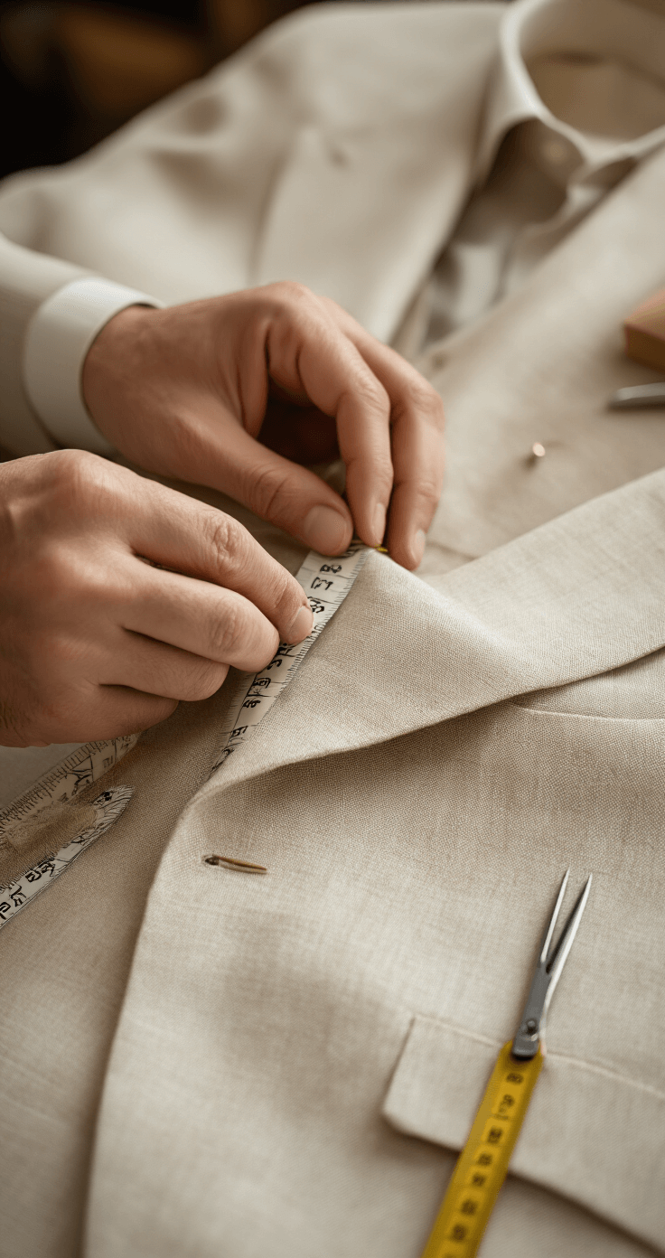 How to Style a Light Beige Suit for a Garden Party Without Looking Washed Out Close-up of a light beige linen suit being tailored, showcasing detailed fabric texture, measuring tape, pins, and tools in soft studio lighting with a warm, neutral color palette.