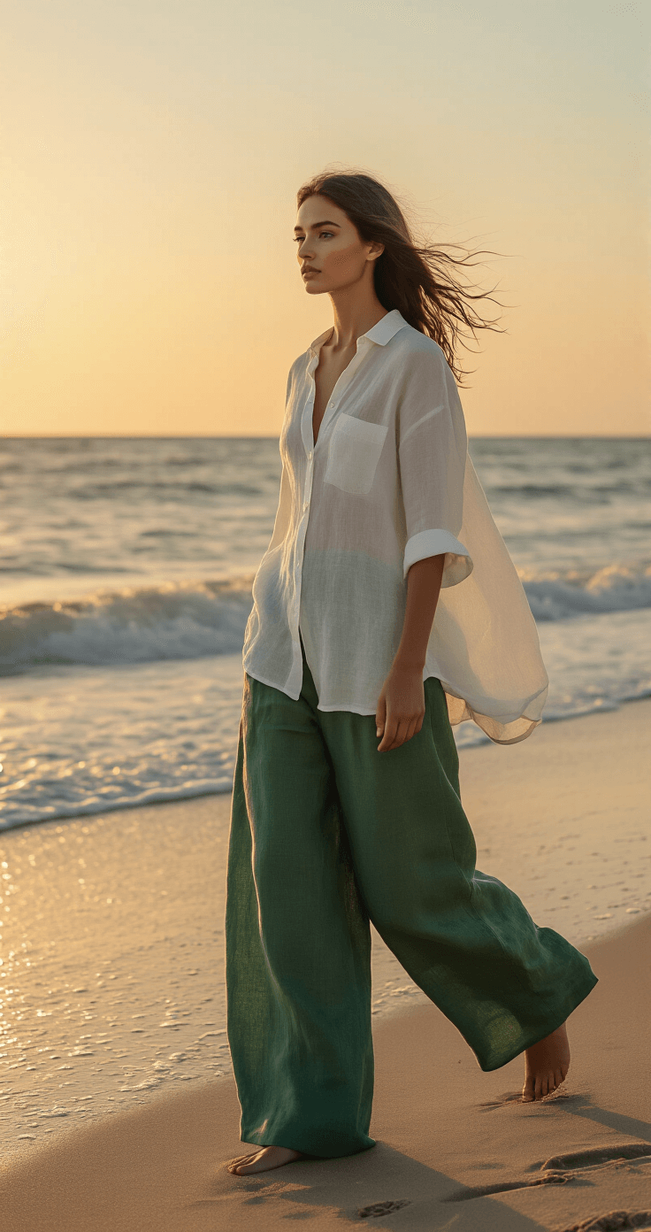 How Long Does It Take to Get Wedding Photos Back? Real Timelines from a Former Bride A model walks along a windswept beach at sunset, wearing sustainable linen layers, including emerald green wide-leg trousers and a crisp white oversized shirt, with the natural texture of the fabric illuminated by golden hour lighting.