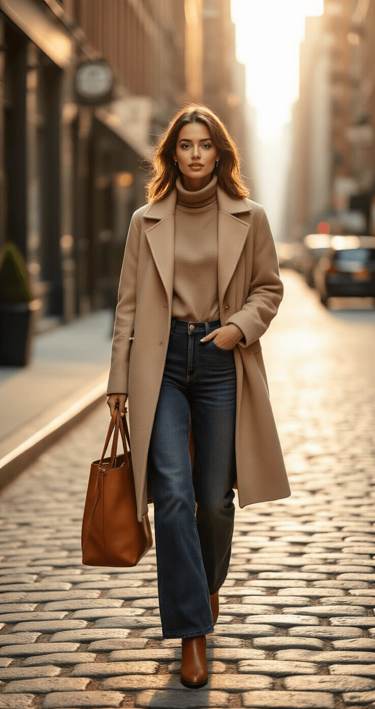 How Long Should You Date Before Getting Married? The Real Answer Nobody Talks About A 25-year-old woman in a layered beige wool coat and camel turtleneck walks confidently through a sophisticated New York neighborhood during golden hour, casting warm shadows on the cobblestone streets. She wears dark denim wide-leg jeans, minimal leather ankle boots, and carries an oversized leather tote bag, accessorized with delicate gold jewelry and natural makeup, her hair softly windblown.