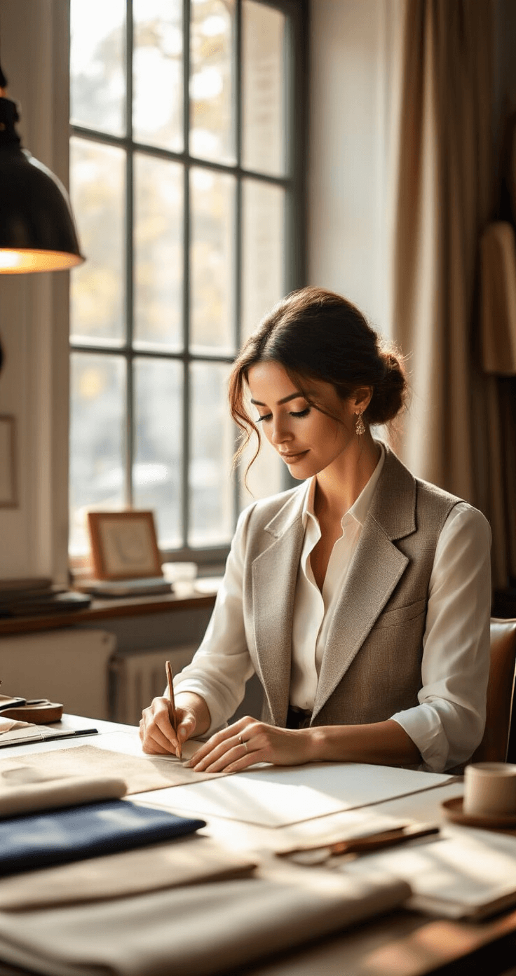 How Long to Get Suit Tailored: Real Timelines You Need to Know A stylish woman seated in a chic tailor's studio selects fabric swatches from a wooden consultation table, surrounded by soft neutrals and rich textile samples, with measuring tape and design tools around her, as afternoon sunlight streams through large windows.