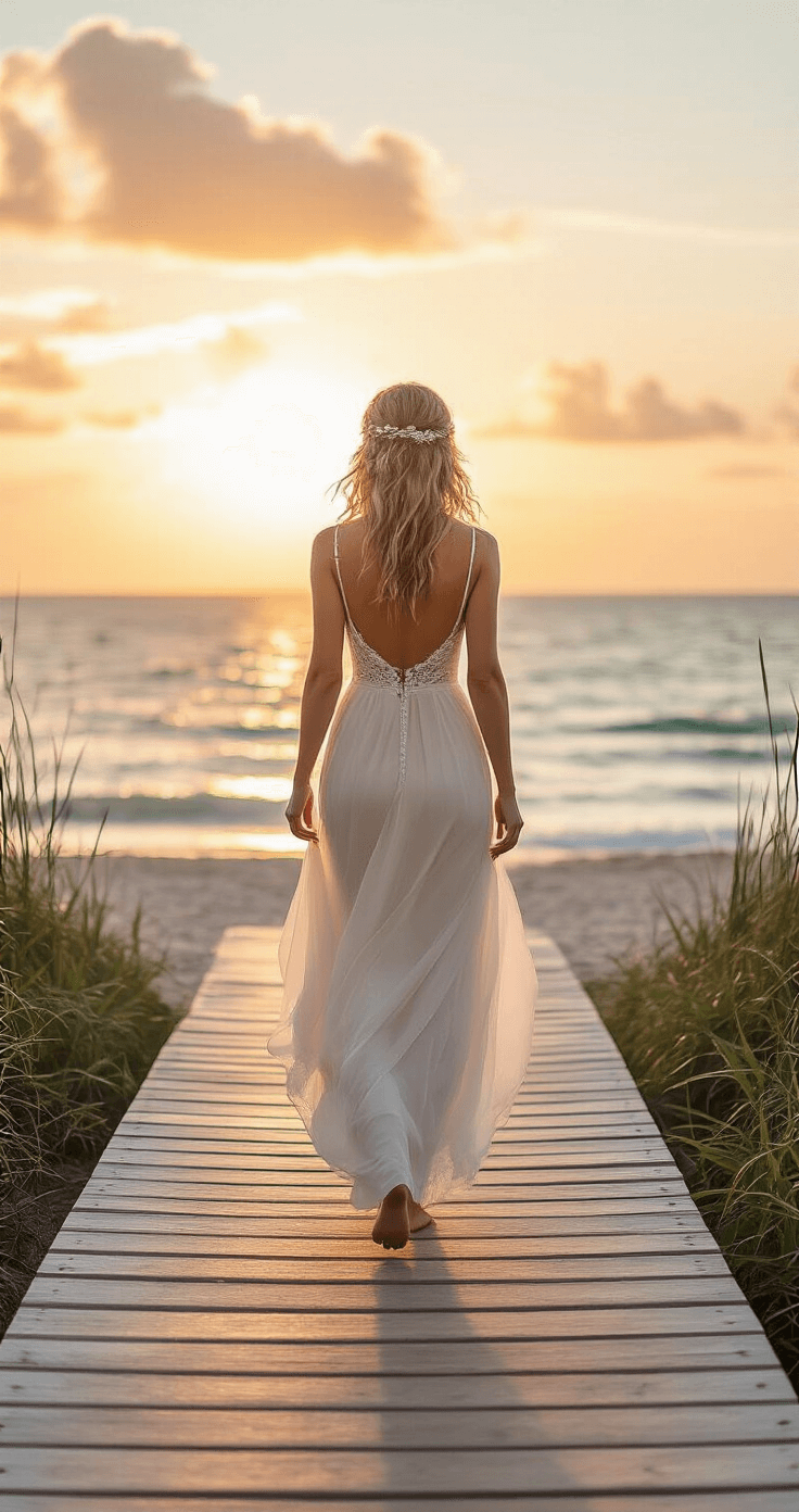 How Long Should You Actually Walk Down the Aisle? (And Why It Matters More Than You Think) Bride in a soft blush wedding dress walking barefoot down a wooden boardwalk toward the ocean at sunset, enveloped in golden light and ocean breezes, creating a dreamy wedding entrance.