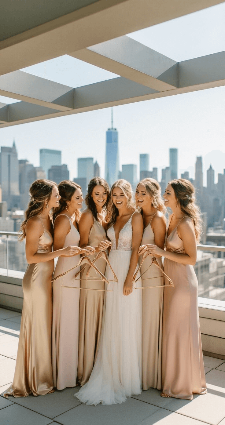 How Many Bridesmaids Should You Actually Have? Let's Talk Real Numbers Five bridesmaids in champagne and blush-toned dresses laugh together on an urban rooftop, showcasing modern architecture and a city skyline. Each holds a personalized metallic hanger with silk robes, adorned with delicate gold jewelry. The soft midday sunlight highlights their minimal makeup and styled waves, capturing a joyful candid moment.