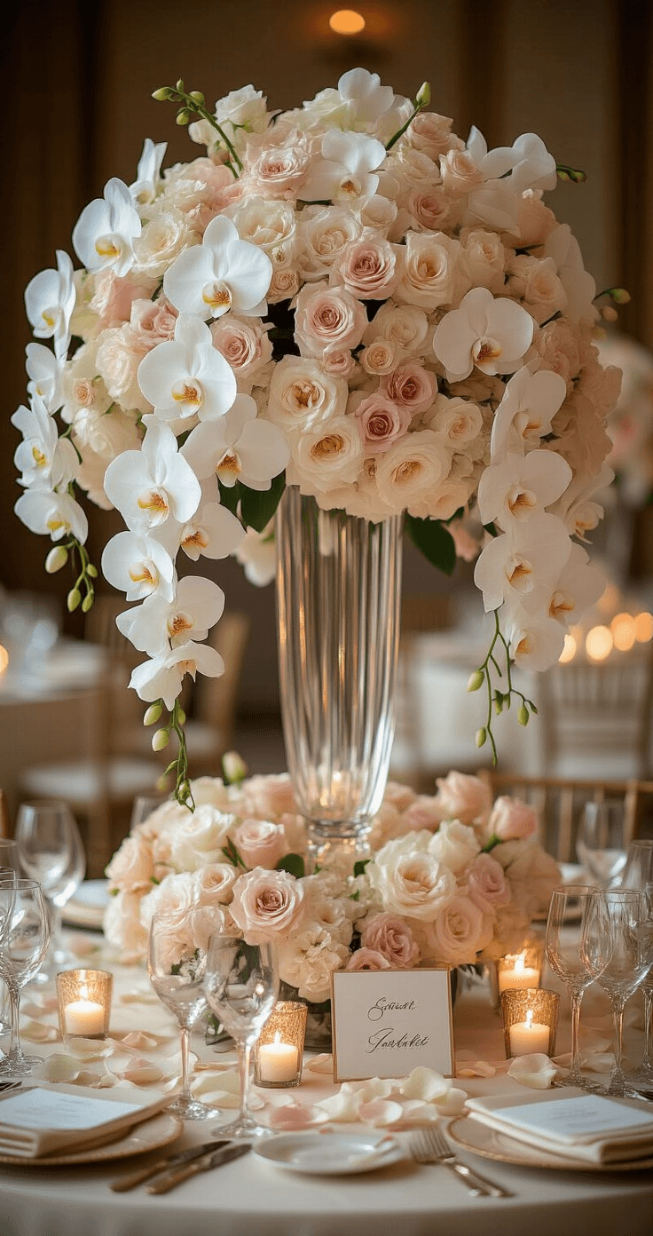 How Much Do Wedding Flowers Really Cost in 2025? Luxurious wedding reception centerpiece featuring cascading orchids, ranunculus, and garden roses in crystal vases, with soft candlelight, blush and ivory color palette, gold accents, elegant glassware, rose petals, and calligraphy place cards, all captured in soft ambient lighting.