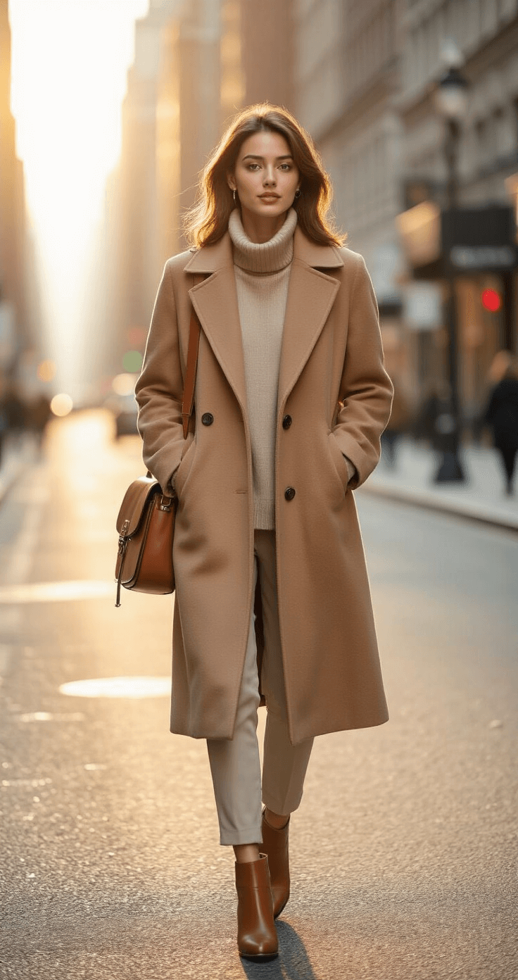 How Much Does a Wedding Photographer Cost? Breaking Down the Real Numbers A young professional woman in a camel wool coat walks confidently down a softly lit New York street during golden hour, with warm shadows and a leather messenger bag, captured from an elevated angle.