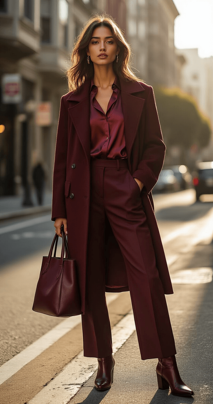 How Much Does a Wedding Photographer Cost? Breaking Down the Real Numbers A diverse model in a monochromatic burgundy outfit, featuring a tailored wool coat, silk blouse, and wide-leg trousers, stands at a chic San Francisco street corner, illuminated by golden late afternoon sunlight. She is styled with leather ankle boots with metallic accents and carries a designer leather tote, captured in a cinematic street style perspective emphasizing movement and urban architecture.