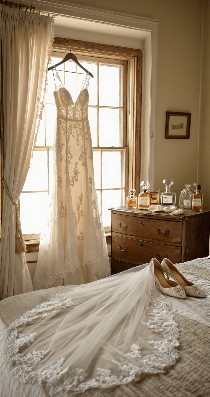 How Much Is a Wedding? Real Costs, Budget Breakdowns, and What to Actually Expect in 2025 Intimate wedding preparation scene featuring a wedding dress hanging by a vintage wooden window, soft morning light filtering through sheer curtains, with styled accessories including vintage perfume bottles, a delicate lace veil, and embroidered silk shoes on an antique dresser, in a warm neutral color palette.
