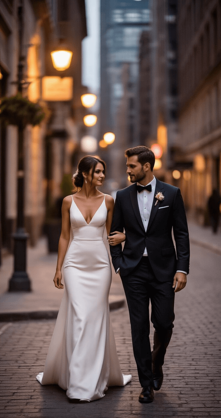 How Much Is a Wedding? Real Costs, Budget Breakdowns, and What to Actually Expect in 2025 Bride and groom stroll hand in hand through a softly-lit urban street corner at twilight, dressed in elegant modern wedding attire; the bride wears a sleek white dress with a structured silhouette, while the groom is in a tailored dark suit, all captured in a natural documentary style that showcases their authentic connection amidst warm streetlamp glow and architectural details.