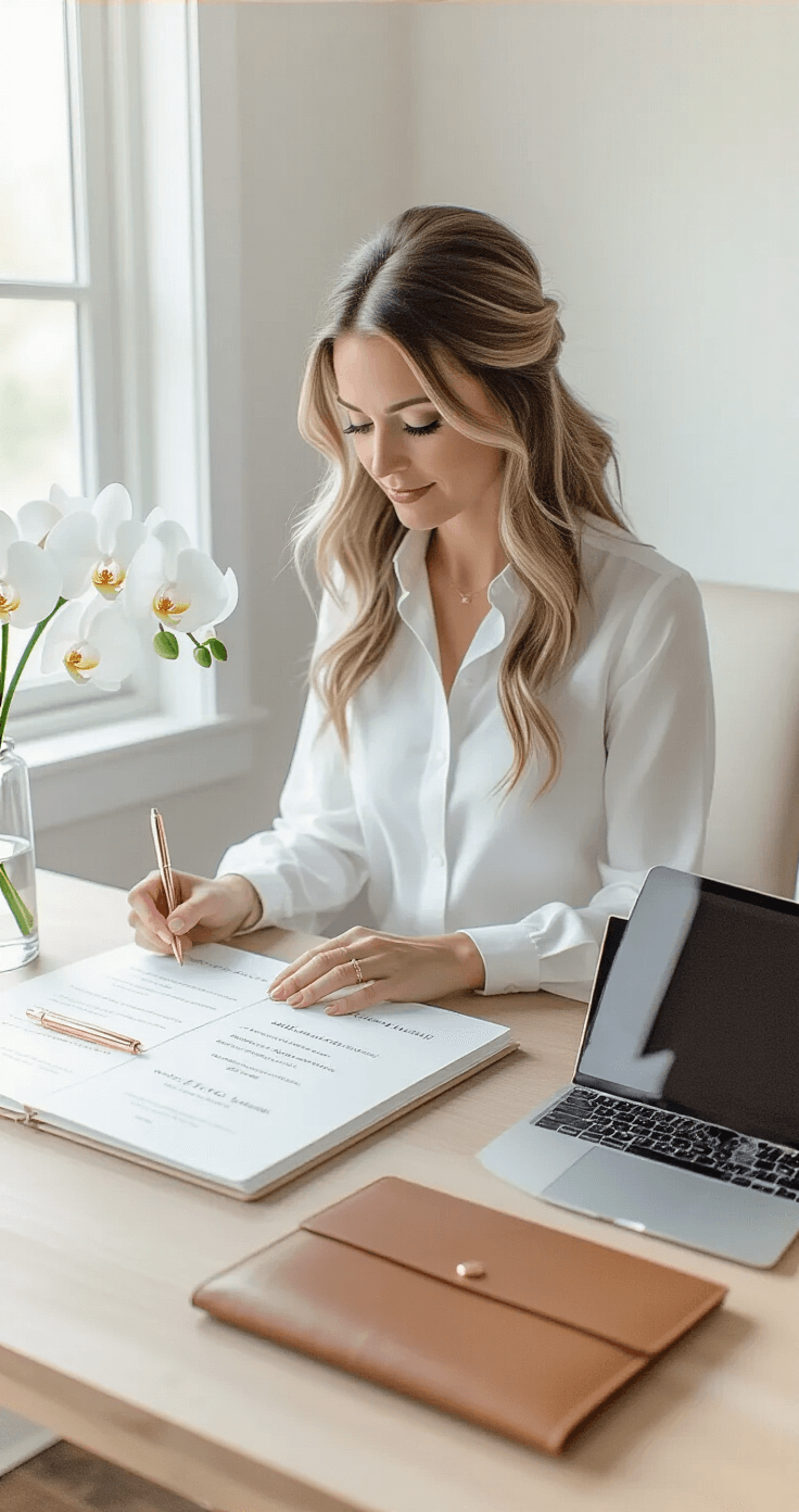 How to Become a Wedding Officiant: Everything You Need to Know Elegant home office workspace with a professional female wedding officiant organizing marriage licenses and ceremony scripts, featuring a minimalist Scandinavian design, light oak desk, MacBook with wedding planning software, and decorative details like a rose gold pen and fresh white orchid.