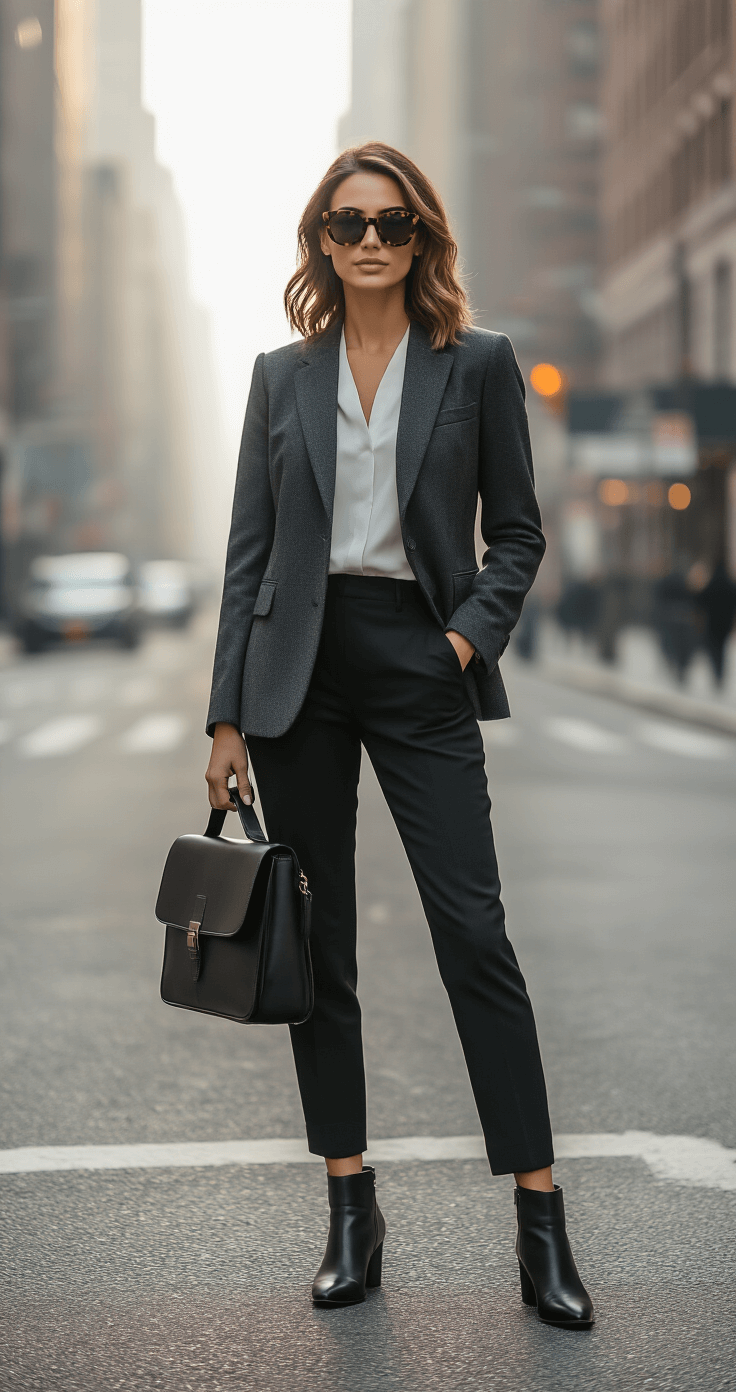How to Become a Wedding Officiant: Everything You Need to Know A modern wedding officiant in a charcoal gray wool blazer and slim black trousers stands confidently on a New York City street corner during early morning light, accessorized with a sleek leather messenger bag and oversized tortoiseshell sunglasses, with soft morning fog and a desaturated urban background.