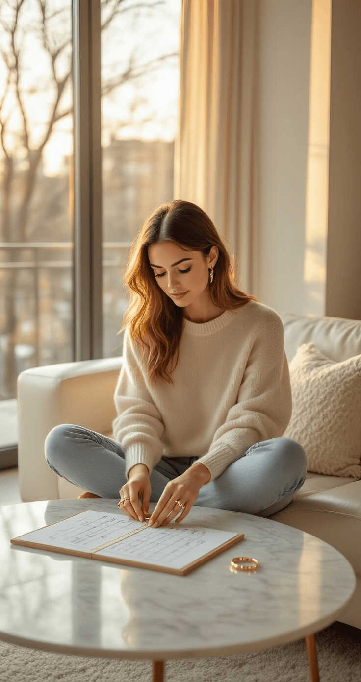 How to Determine Your Ring Size: The Complete Guide You Actually Need A stylish young woman in a cream cashmere sweater sits cross-legged on a white leather sofa, measuring her finger with a piece of string in a softly lit studio apartment with warm golden hour sunlight. A marble coffee table features a ruler and a ring size chart, creating a serene atmosphere with soft neutral tones.