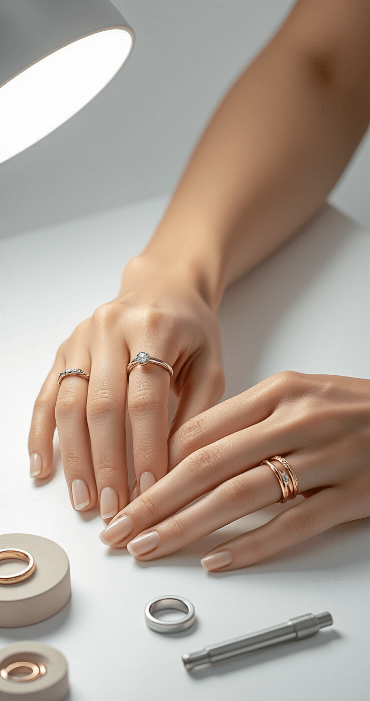 How to Determine Your Ring Size: The Complete Guide You Actually Need A minimalist photography studio featuring a close-up of hands demonstrating ring sizing techniques, surrounded by various ring sizer tools and precision instruments, with delicate gold and silver rings showcased against crisp white backgrounds and dramatic side lighting.