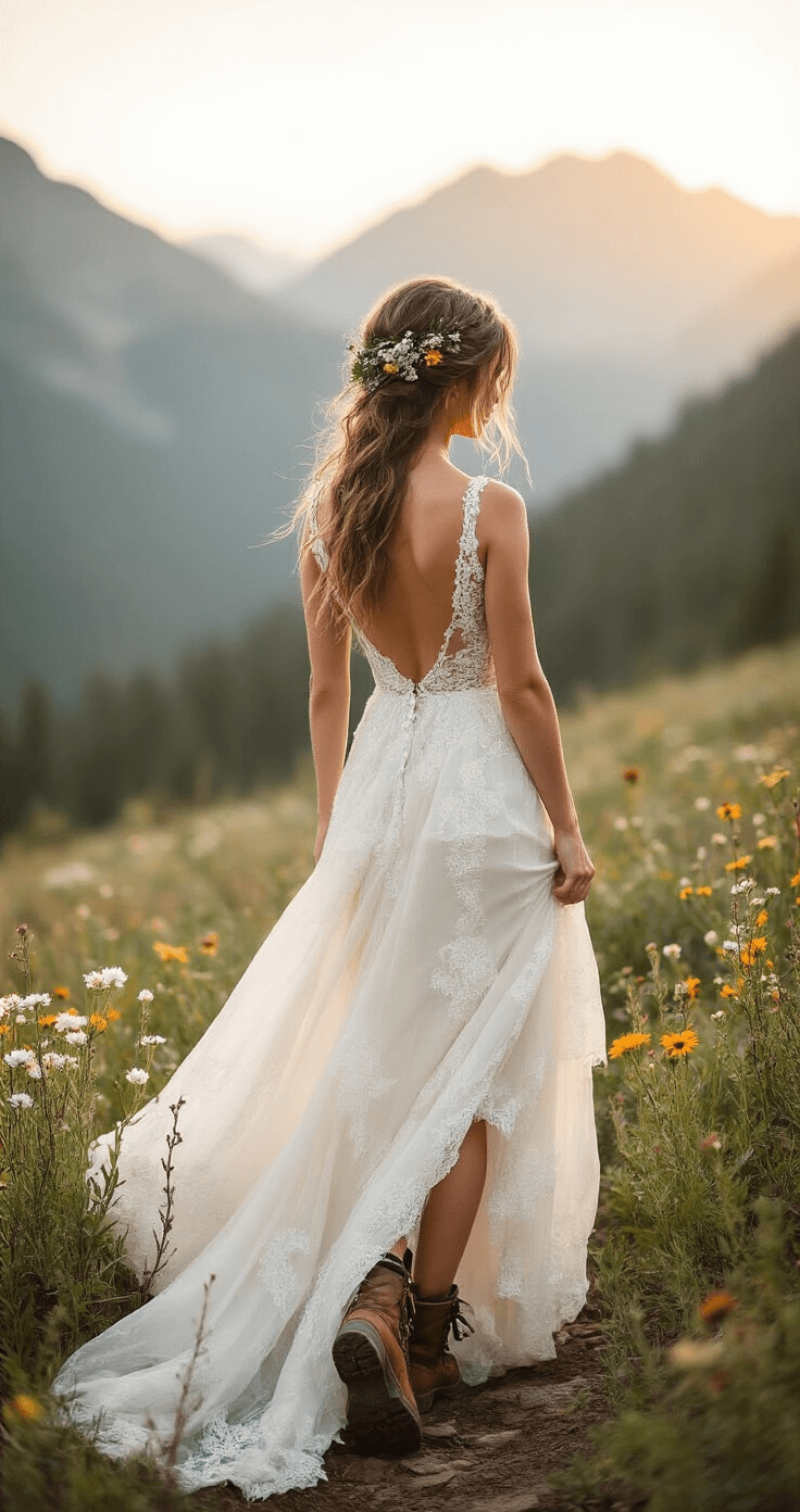 How to Elope: Your Complete Guide to Getting Legally Married Bohemian bride in an ivory lace wedding dress standing in front of the Rocky Mountains at dawn, with misty scenery, wildflowers in her hair, and leather hiking boots visible beneath her dress.