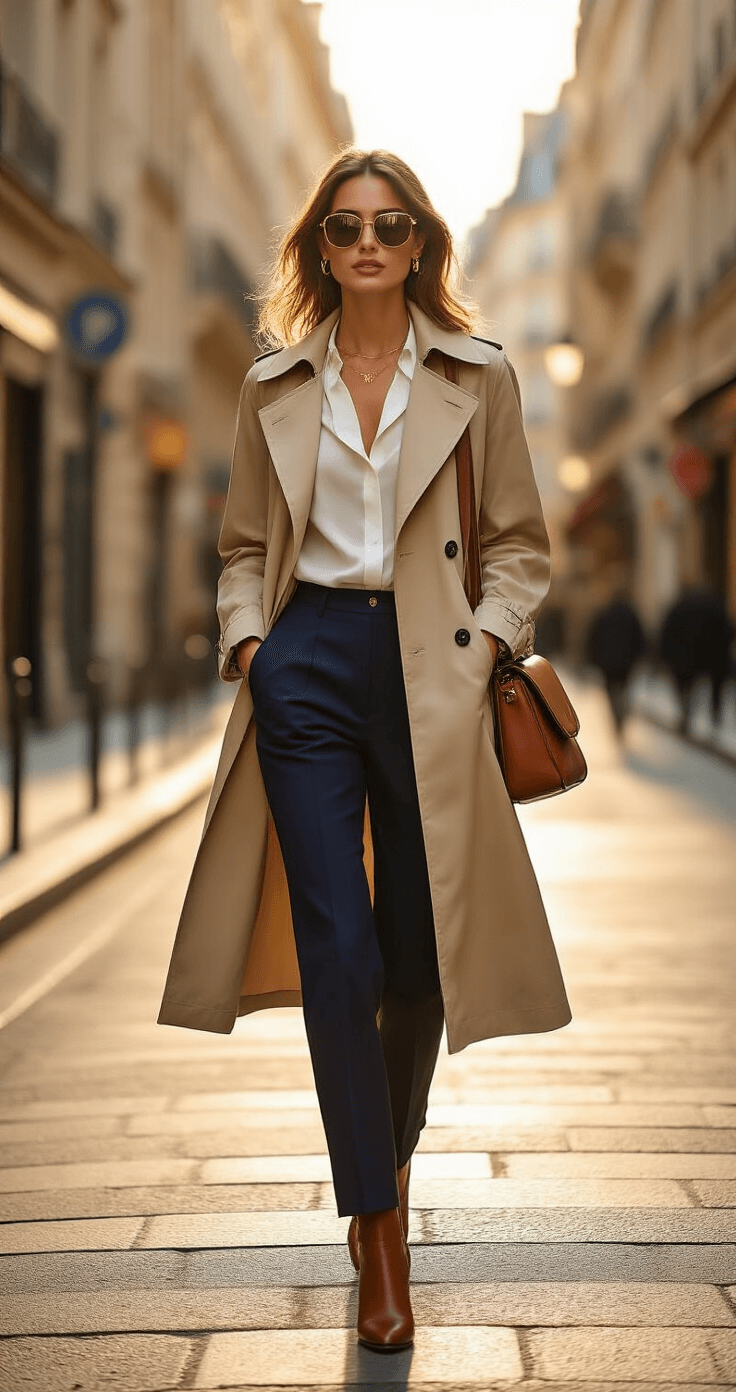How to Find an Amazon Registry (Without Losing Your Mind) Chic urban fashion model in a tailored beige trench coat and navy trousers confidently walking in a sunlit Paris street, with a vintage handbag and oversized sunglasses, showcasing elegant style.