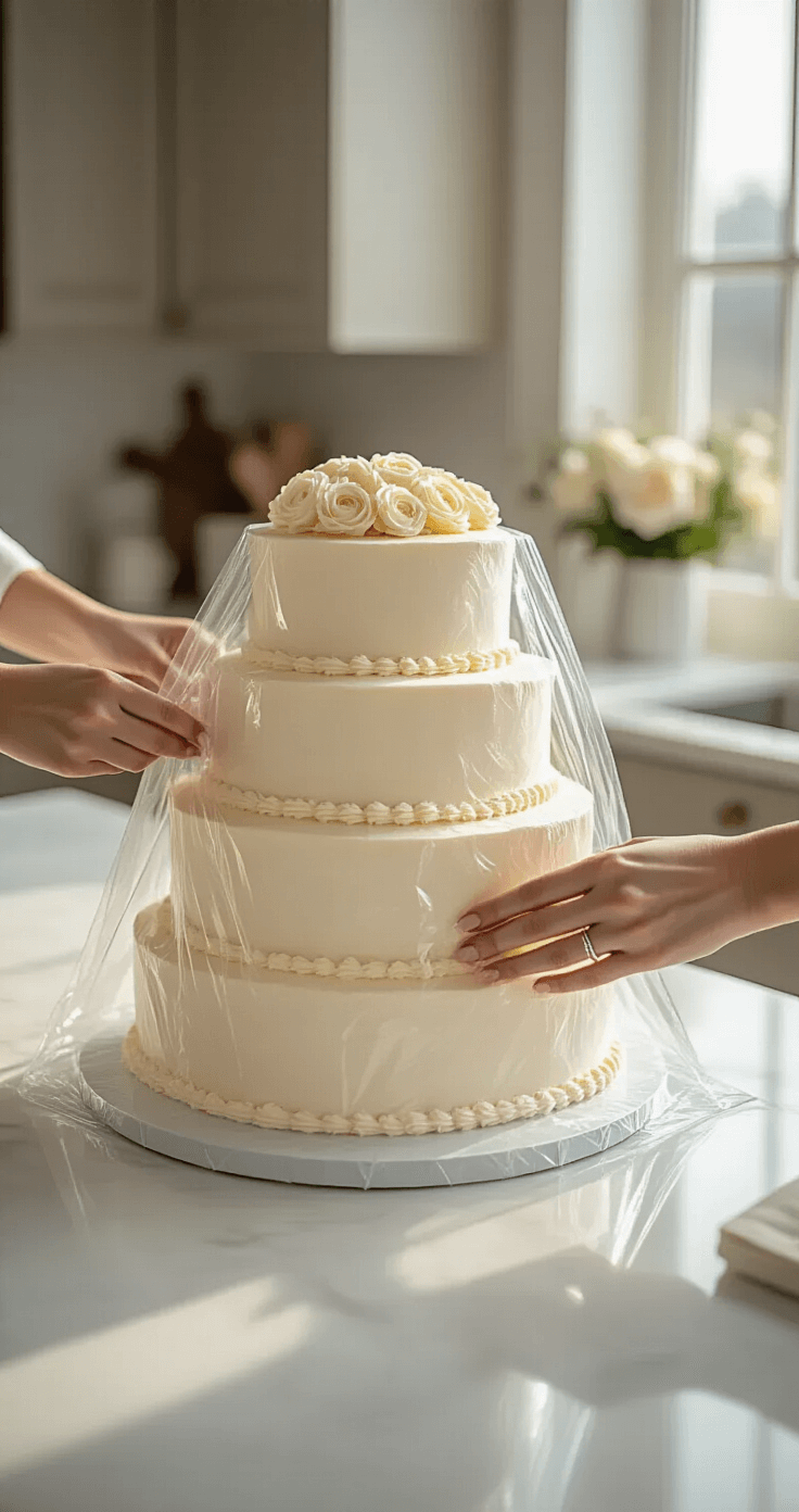 How to Freeze a Wedding Cake the Right Way A beautifully styled urban kitchen during golden hour, showcasing a wedding cake preservation scene with a marble countertop. A wedding cake tier is being carefully triple-wrapped in plastic wrap and aluminum foil, illuminated by soft natural light. Elegant hands with minimalist rings are preparing the cake for freezing amidst a clean, sophisticated setting in neutral tones.
