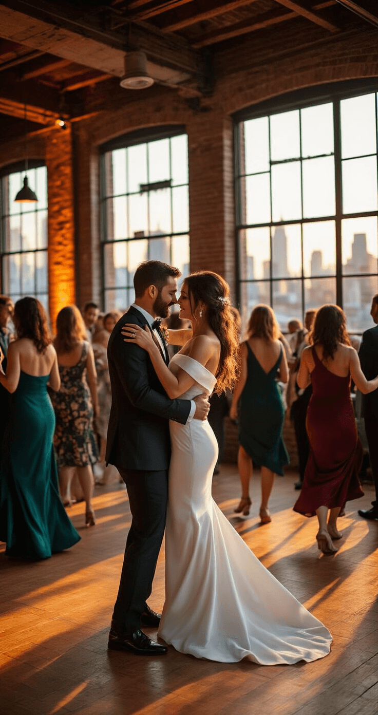 How to Make a Wedding Playlist That'll Actually Get Everyone Dancing A vibrant urban wedding reception dance floor at sunset, featuring a bride in a modern minimalist white off-shoulder dress dancing with her partner, surrounded by a mixed-generation crowd in stylish cocktail attire of emerald, sapphire, and burgundy. The industrial loft venue showcases exposed brick walls and large windows revealing a golden hour cityscape, illuminated by soft amber lighting.
