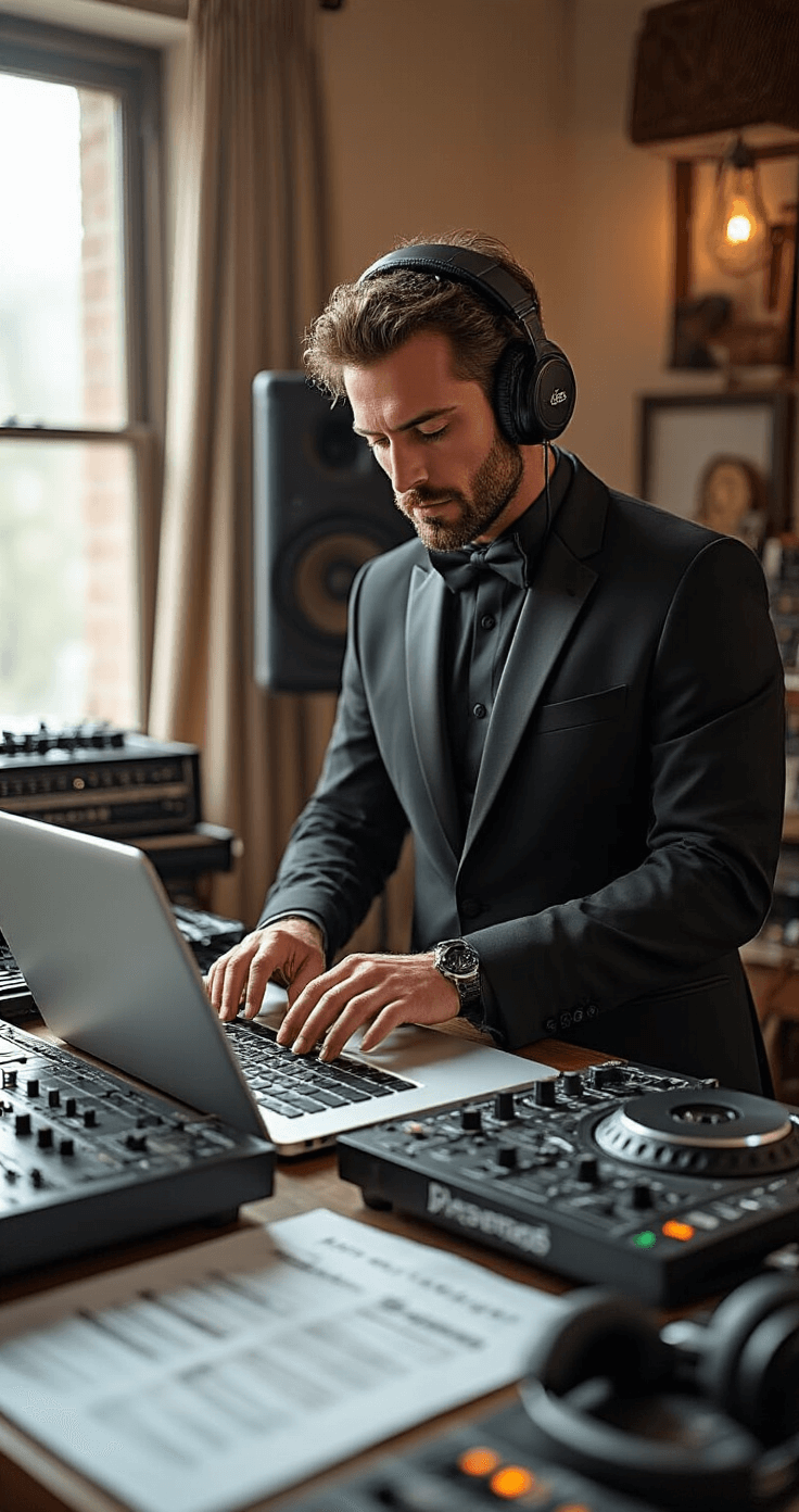 How to Make a Wedding Playlist That'll Actually Get Everyone Dancing Close-up of a professional DJ in a sophisticated black outfit curating a wedding playlist on a high-end laptop, surrounded by vintage sound equipment and a modern mixing board, with soft studio lighting enhancing the mood and highlighting organized music files and wedding planning documents.