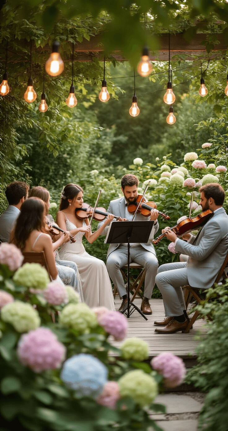 How to Make a Wedding Playlist That'll Actually Get Everyone Dancing Romantic outdoor cocktail hour featuring a string quartet on a wooden platform, surrounded by blooming hydrangeas, as elegantly dressed guests mingle in a lush garden, illuminated by soft ambient lighting from hanging Edison bulbs during golden hour.