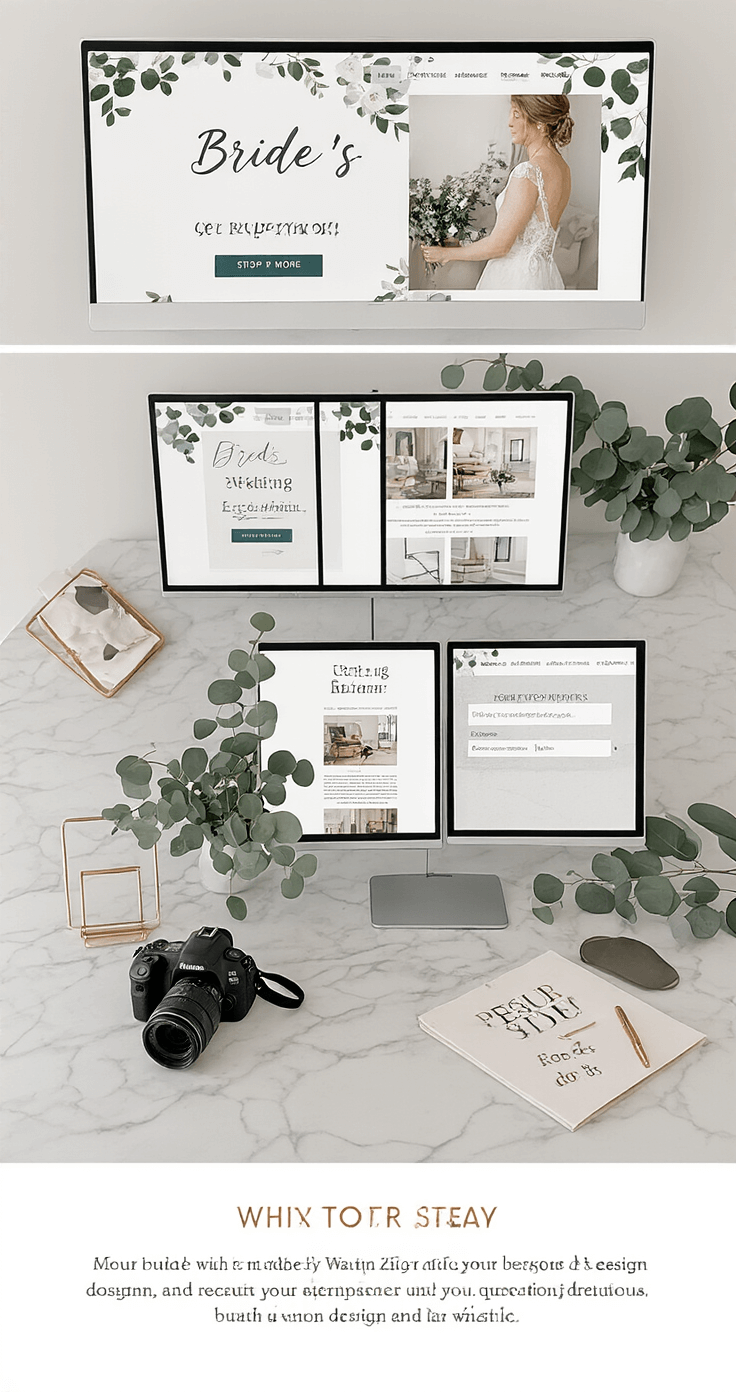 How to Make a Wedding Website Without Losing Your Mind A modern home workspace with a marble-top desk, ergonomic chair, and multiple screens displaying a bride's wedding website design process, complemented by fresh eucalyptus, minimalist gold accessories, and a DSLR camera.