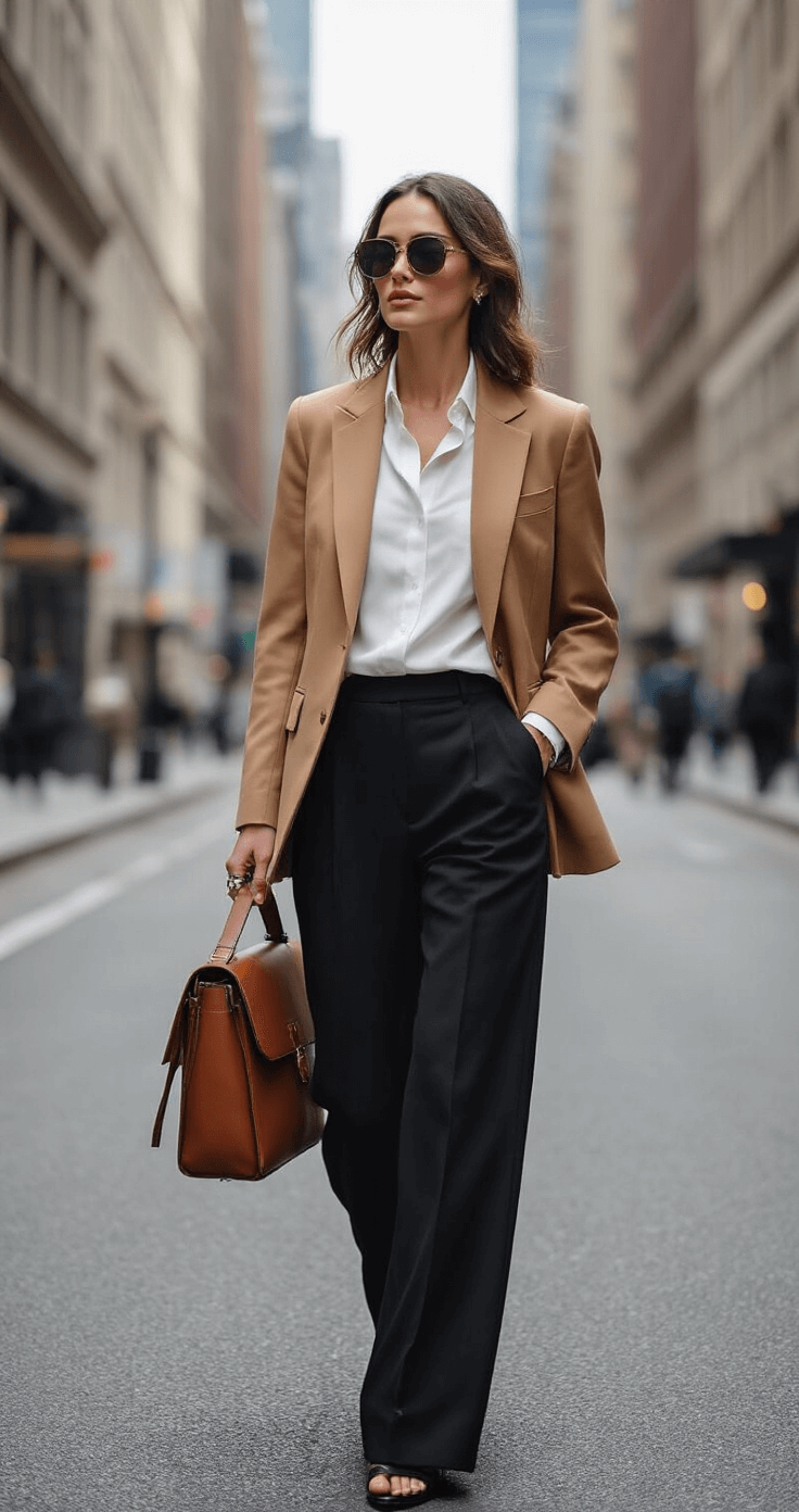 How to Officiate a Wedding: Your Complete Guide to Leading Someone's Big Day A stylish wedding officiant in a layered monochrome outfit, featuring a crisp white silk shirt, tailored black wide-leg trousers, and a structured camel wool blazer, confidently walking through a sleek city street at midday, accessorized with oversized sunglasses and a leather messenger bag.