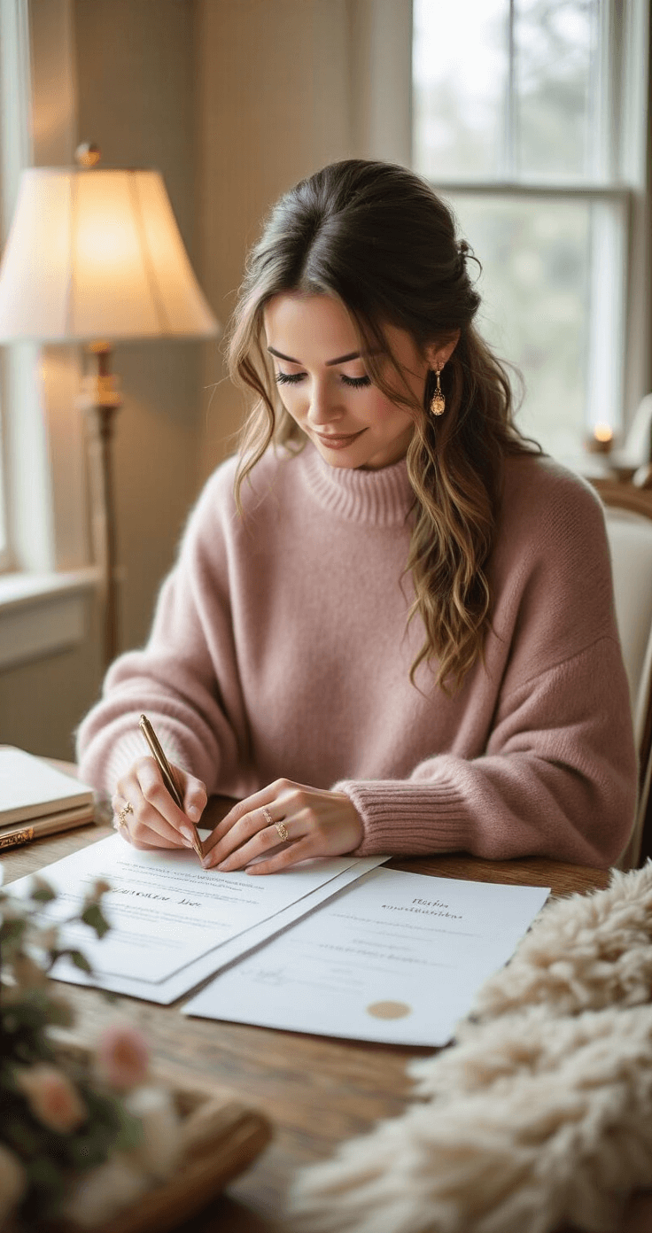 How to Officiate a Wedding: Your Complete Guide to Leading Someone's Big Day A cozy home office featuring a female officiant in a dusty rose cashmere sweater and minimal gold jewelry, preparing wedding ceremony documents surrounded by wedding planning materials, with warm lighting from a vintage floor lamp, showcasing a comfortable yet professional atmosphere with natural textures.