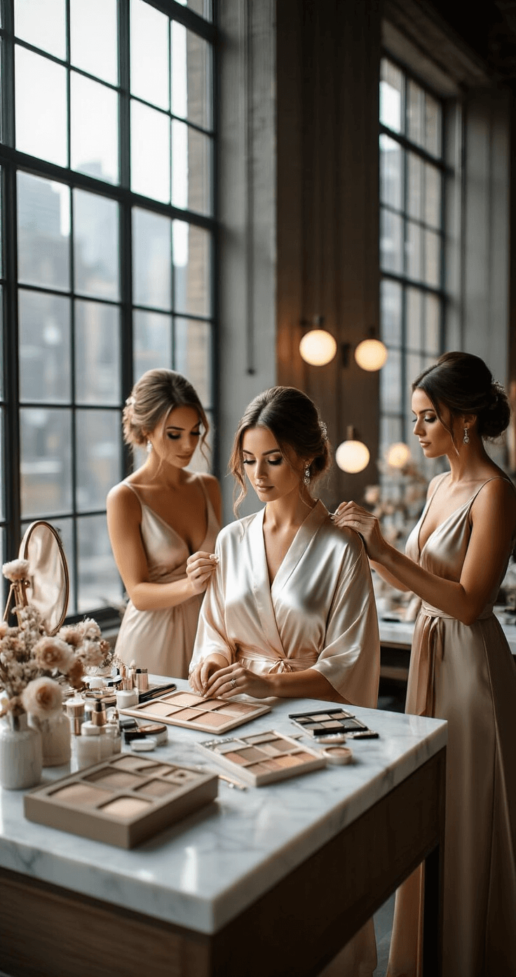 How to Pick a Wedding Date That Actually Works for Your Big Day A bright urban loft wedding preparation scene featuring a bride in a silk robe, surrounded by champagne-colored bridesmaids arranging vintage accessories, with modern marble surfaces and elegant makeup stations illuminated by morning light.