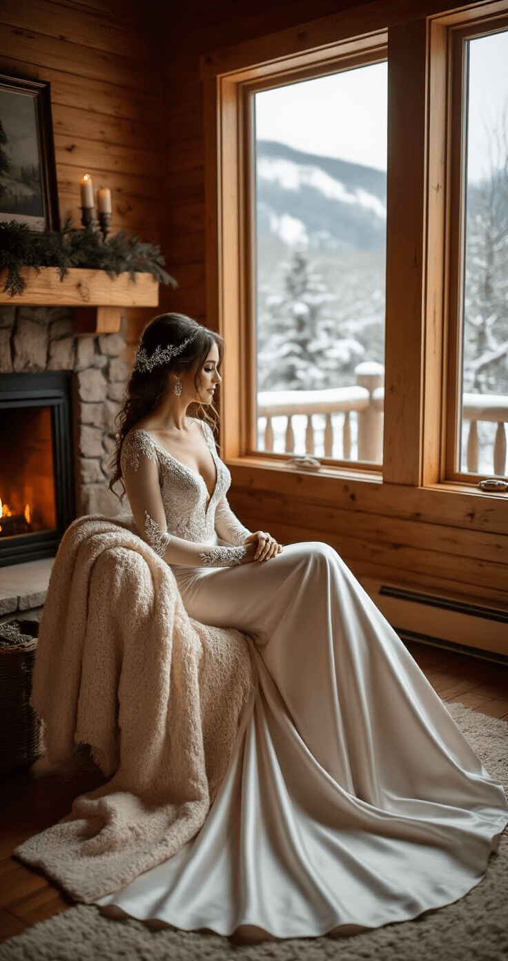 How to Pick a Wedding Date That Actually Works for Your Big Day A serene winter wedding morning inside a cozy mountain cabin, featuring a bride in a long-sleeved satin gown with intricate beadwork, surrounded by natural pine wood interiors, a warm fireplace glow, and a picturesque snow-covered landscape visible through a large window. She wears a vintage silver hairpiece and minimalist jewelry, wrapped in a soft cream knit throw blanket.