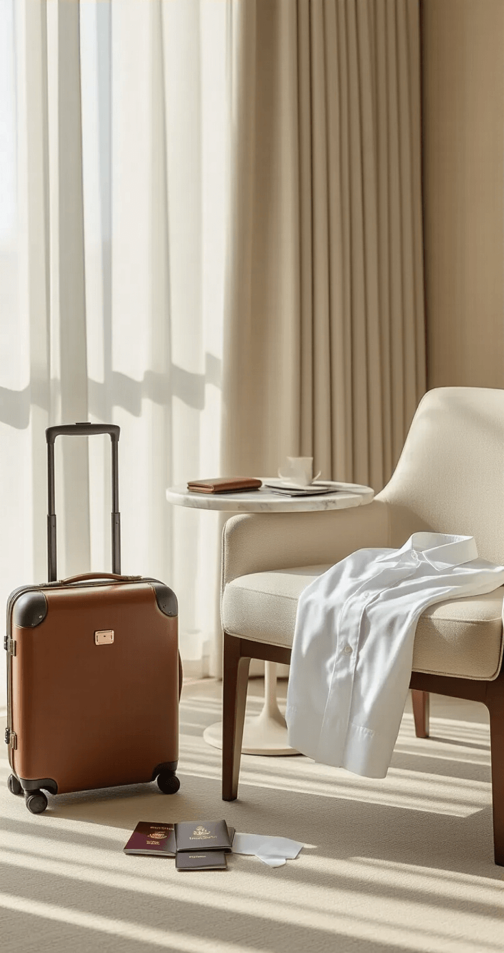 How to Plan the Perfect Honeymoon Without Losing Your Mind An elegant minimalist hotel room featuring designer leather luggage, a crisp white shirt draped over a chair, and neatly arranged travel documents on a marble side table, all illuminated by soft natural light in neutral beige and cream tones.