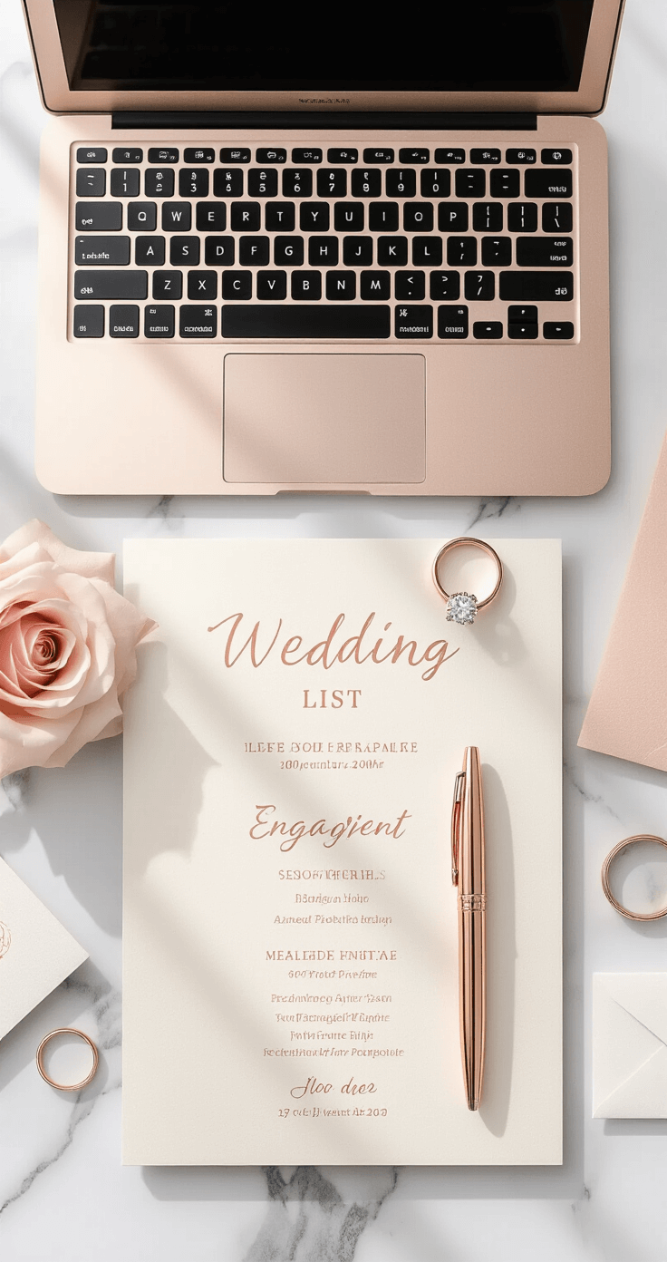 How to Plan Your Wedding Guest List Without Losing Your Mind A flat lay wedding organization scene featuring a rose gold MacBook, an ivory wedding planner, a metallic rose gold pen, an engagement ring, and scattered wedding invitation samples, all styled on a marble surface with a blush pink and champagne color palette, illuminated by soft natural light.