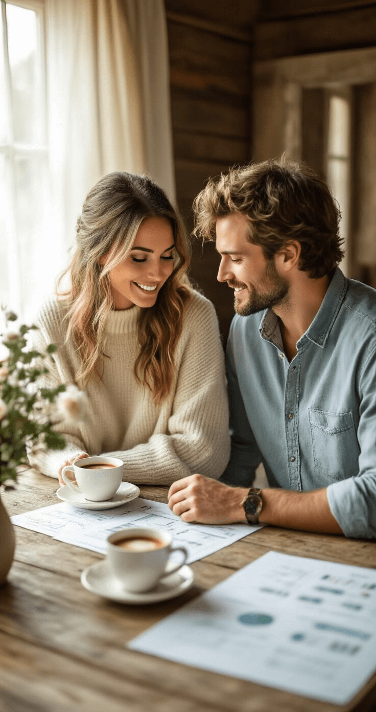 How to Plan Your Wedding Guest List Without Losing Your Mind A couple sits at a rustic wooden dining table, brainstorming their wedding guest list amid scattered spreadsheets and planning documents, with morning sunlight filtering through sheer curtains, creating an intimate atmosphere. The bride wears a soft cream oversized sweater, while the groom is in a relaxed chambray shirt, and two cups of artisan coffee are placed between them, surrounded by muted sage green and warm wood tones.
