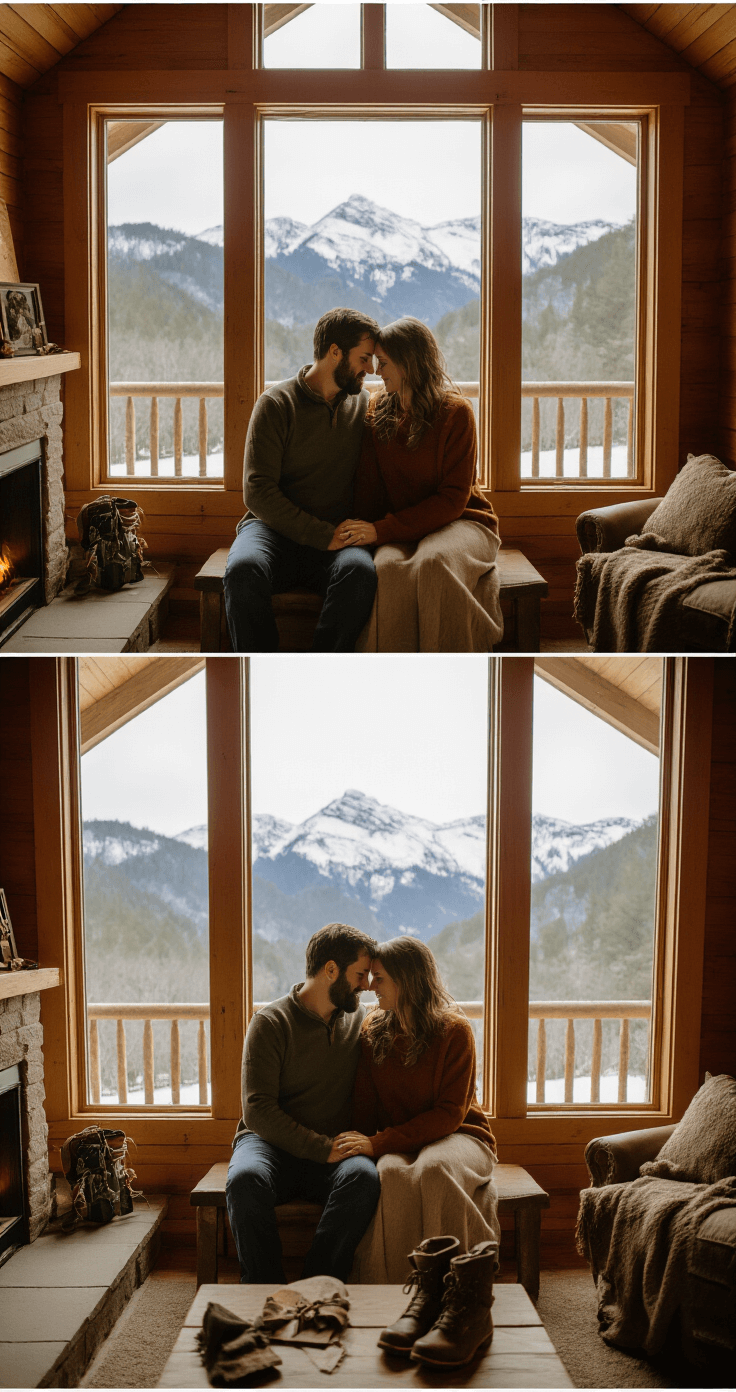 How to Renew Your Wedding Vows: A Real Guide to Celebrating Your Love Again A couple in coordinated earth-toned outdoor adventure clothing stands inside a cozy wooden lodge, sharing a heartfelt vow renewal moment by a large picture window framing a snow-capped mountain view, with soft fireplace light illuminating personal mementos and their vintage leather hiking boots.