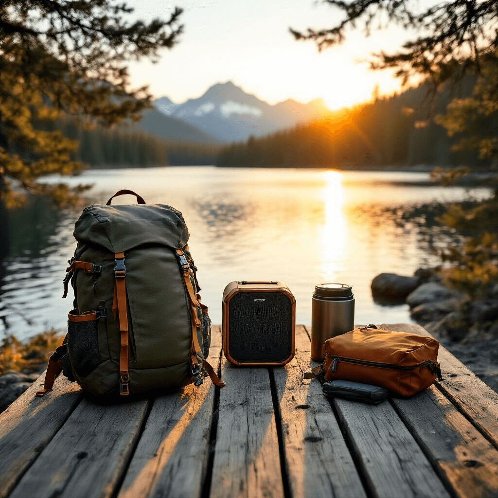 Epic Gift Guide: Awesome Present Ideas Men Actually Want in 2024 Overhead drone shot of outdoor adventure gear, including a compact hiking backpack and camping equipment, arranged on a weathered wooden dock at golden hour by a tranquil lake, with warm sunset light and natural materials enhancing the outdoorsman aesthetic amidst pine trees and mountain silhouettes.