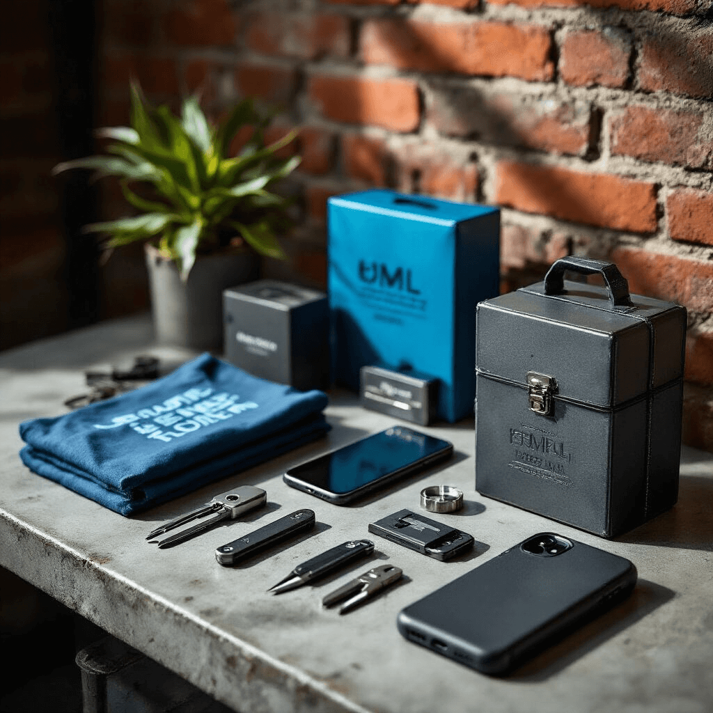 Epic Gift Guide: Awesome Present Ideas Men Actually Want in 2024 Close-up shot of budget-friendly gifts including multi-tools, graphic t-shirts, and phone accessories on a concrete surface, featuring moody lighting and an exposed brick wall backdrop, showcasing a contemporary urban aesthetic in gunmetal gray and electric blue.