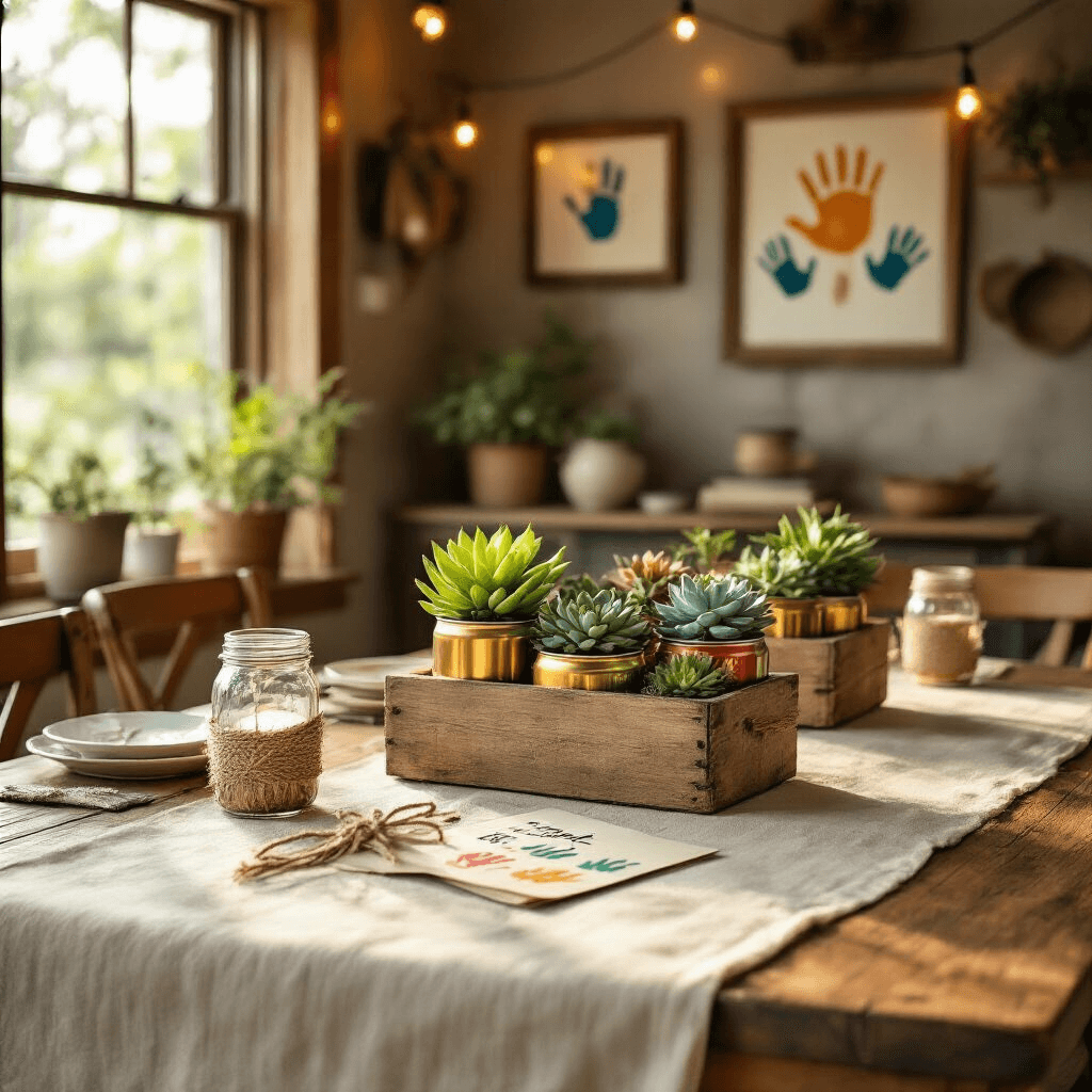 The Ultimate Guide to Father's Day Gifts: Showing Dad He's One of a Kind Cozy dining room setup for Father's Day gifts, featuring a rustic wooden table adorned with handmade beer can planters filled with succulents, colorful handprint art in frames, and a handwritten coupon book tied with twine, all bathed in warm golden hour light and complemented by earth tones and string lights.
