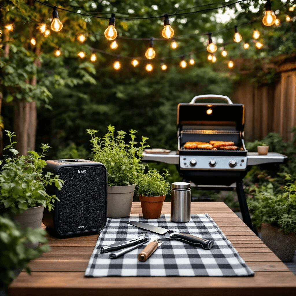 The Ultimate Guide to Father's Day Gifts: Showing Dad He's One of a Kind Stylish backyard patio setup for Father's Day grilling, featuring a wooden deck table with professional grill tools, a portable Bluetooth speaker, and a premium multi-tool set on a checkered linen runner, surrounded by string lights and potted herbs, all in warm colors of natural wood and forest green under soft glowing evening light.