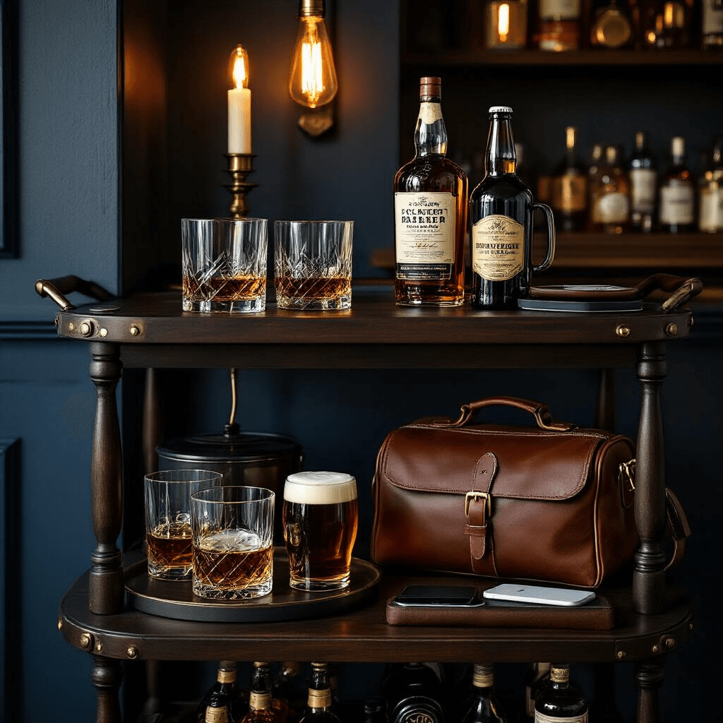 The Ultimate Guide to Father's Day Gifts: Showing Dad He's One of a Kind Intimate home bar corner for Father's Day, featuring a dark wood bar cart with whiskey glasses and a craft beer sampler, set in a candlelit atmosphere with deep colors and luxurious textures, illuminated by warm vintage Edison bulbs.