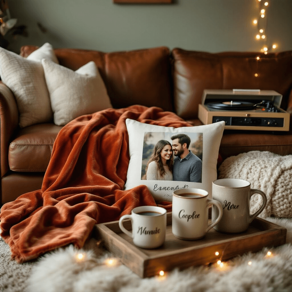 The Engagement Gift Guide You've Been Searching For (Because "Congrats!" Alone Won't Cut It) A cozy living room with a leather sofa draped in a terracotta velvet throw, featuring a custom photo pillow, personalized ceramic mugs, a rustic tray with a gourmet coffee subscription, soft fairy lights, and a vintage record player, all in a muted sage and cream color palette.