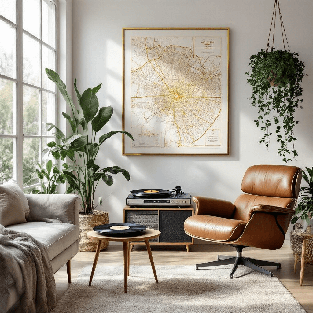 The Anniversary Gift Guide That'll Make You Look Like a Romantic Genius A modern minimalist living room featuring floor-to-ceiling windows, a gold foil-framed city map artwork, a vintage record player with a personalized engraved label, a mid-century leather armchair, and cascading indoor plants, all bathed in soft natural light that evokes a quiet romantic atmosphere.