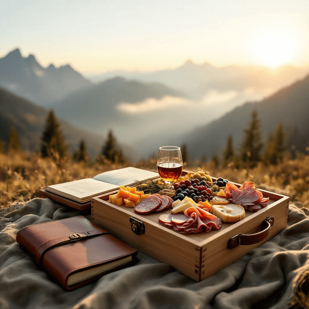 The Anniversary Gift Guide That'll Make You Look Like a Romantic Genius Elegant portable wooden picnic carrier set against a misty mountain landscape at golden hour, featuring a gourmet charcuterie board, a vintage leather-bound adventure journal, and a partially open scratch-off date night book, all presented in warm earthy tones of olive, rust, and cream, with soft natural light casting gentle shadows, evoking a sense of spontaneous romantic adventure.