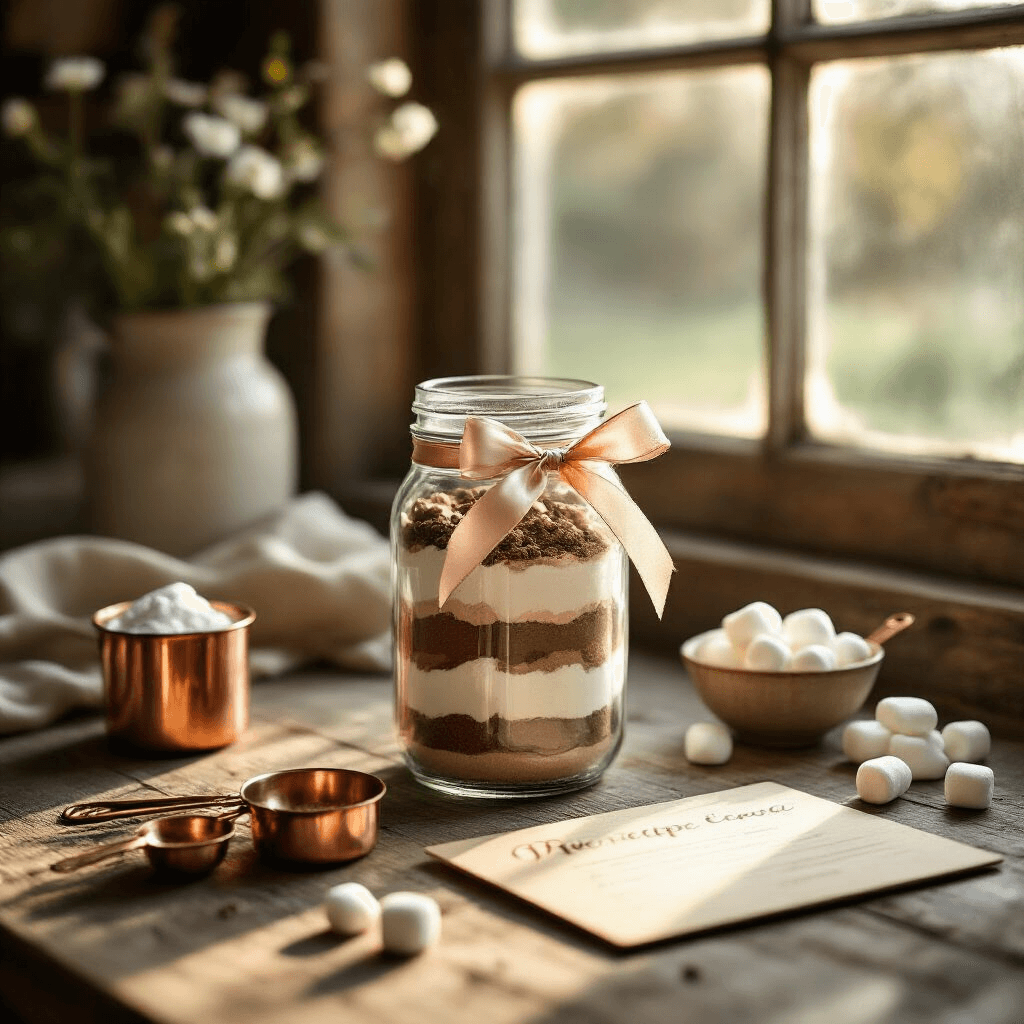 Small Gift Ideas That'll Make You Look Like a Genius (Without Breaking the Bank) A rustic kitchen countertop featuring a DIY gift kit with a mason jar of layered hot cocoa mix tied with a silk ribbon, surrounded by copper measuring spoons, a wooden recipe card, and marshmallows, all illuminated by soft golden hour light in a hygge-inspired scene.
