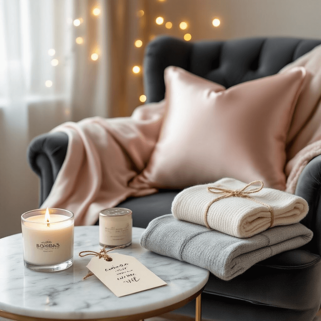 Small Gift Ideas That'll Make You Look Like a Genius (Without Breaking the Bank) An intimate living room featuring a blush pink silk pillowcase on a charcoal velvet armchair, alongside a marble side table with a vanilla spice candle, neatly rolled Bombas socks, and a handwritten gift tag, all illuminated by soft fairy lights.