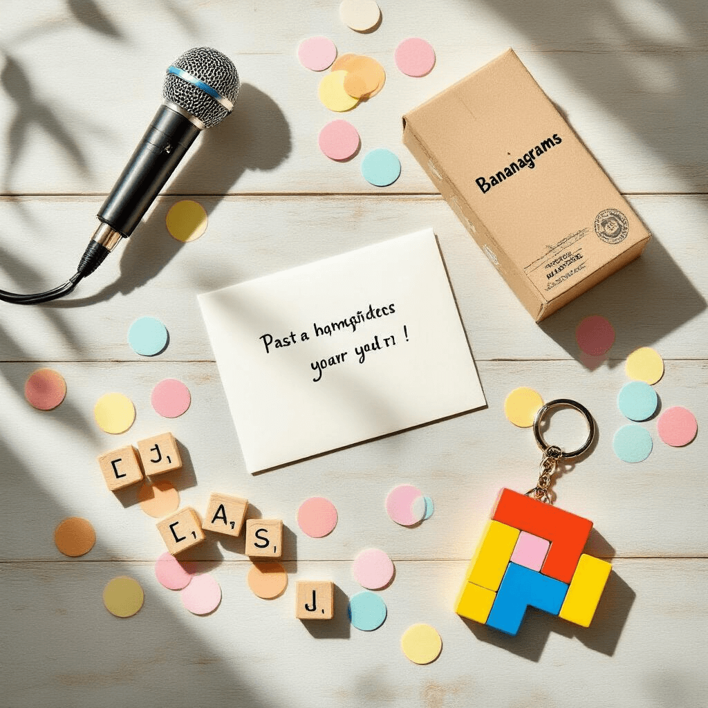 Small Gift Ideas That'll Make You Look Like a Genius (Without Breaking the Bank) A whimsical flat lay arrangement on a light wooden surface featuring a portable mini microphone, Bananagrams, and a quirky Tetris keychain, accompanied by pastel-colored confetti, a handwritten punny card, and soft natural lighting casting gentle shadows, in a color palette of soft grays, cheerful yellows, and crisp whites.