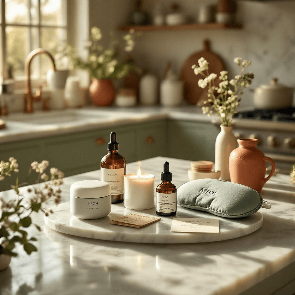 The Gift-Giving Panic: Finding Something Mom Will Actually Love An intimate kitchen scene at golden hour featuring a marble countertop adorned with luxury skincare gifts, including a NEOM diffuser, weighted eye mask, and Vintner's Daughter serum, surrounded by soft sage green and terracotta kitchen accessories, a handwritten card, and delicate botanical elements.