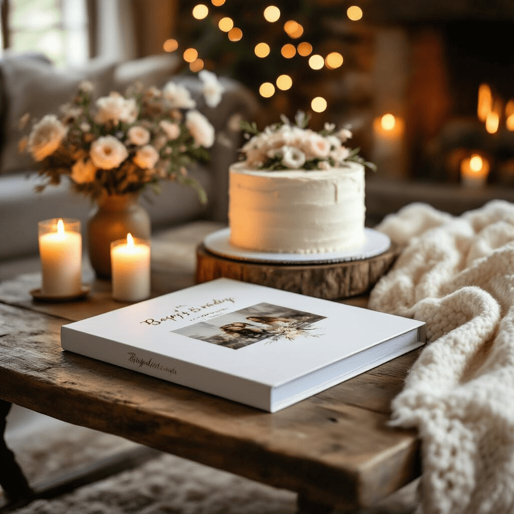 The Best Birthday Gifts for Your Bestie That'll Actually Make Them Cry Happy Tears An intimate home celebration scene featuring a custom photo book on a rustic coffee table, warm candlelight casting shadows, a soft ivory throw blanket nearby, twinkling fairy lights in the background, and a softly focused personalized birthday cake with delicate floral decorations, capturing the emotional moment of gift reveal.