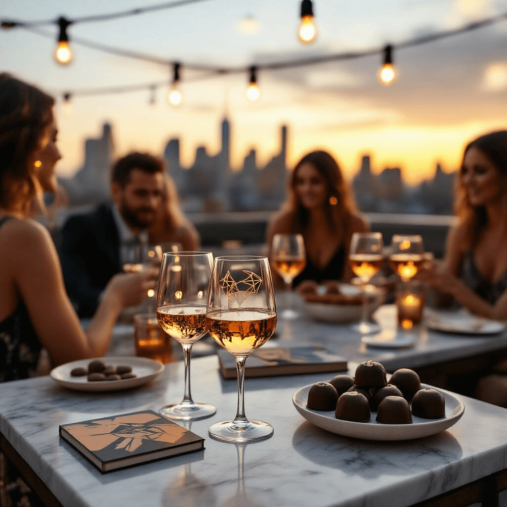 The Honest Truth About Cheap Gifts That Don't Look Cheap Whimsical rooftop cocktail party with modern minimalist decor, featuring stemless wine glasses, soft lighting from string lights, marble side tables with quirky coasters, guests in relaxed yet sophisticated attire, a cityscape at sunset, and close-up of artisan chocolates and specialty coffee as party favors.